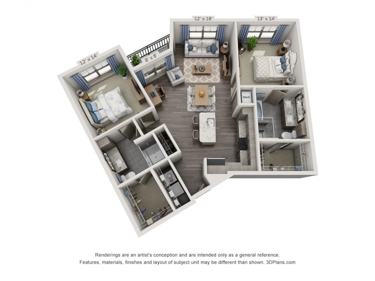 A 3D floor plan of a two-bedroom apartment with an open living area and modern amenities.