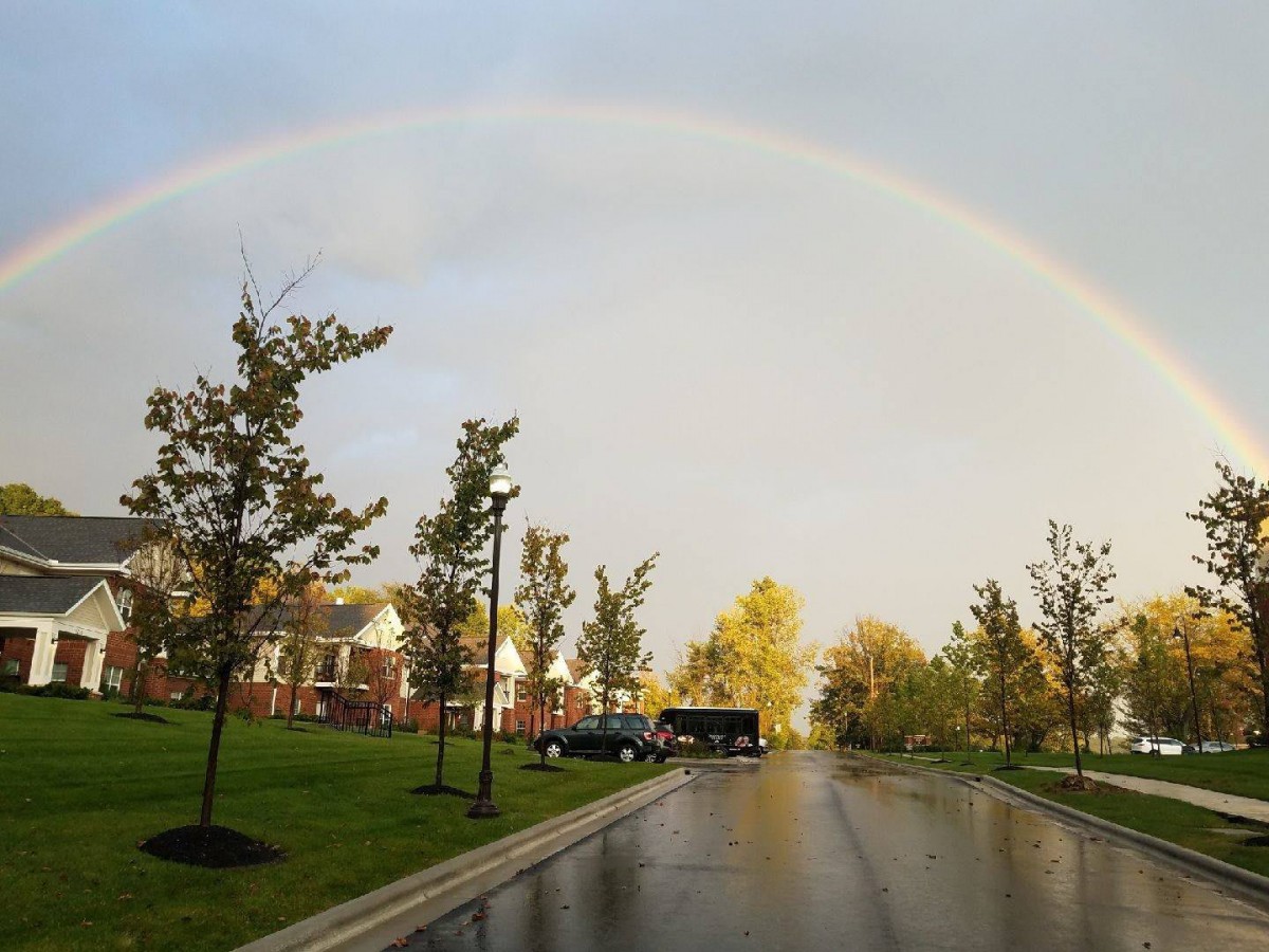 A beautiful rainbow arches over a quiet residential street lined with trees and houses.