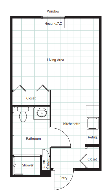 A floor plan of a studio apartment featuring a living area, bathroom, closet, and kitchenette.