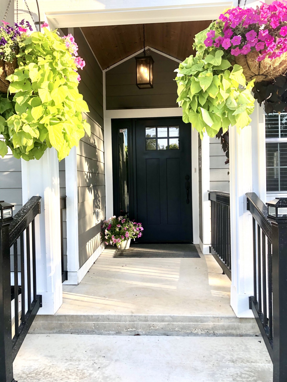 A welcoming front porch with hanging and potted plants, leading to a dark-colored door.
