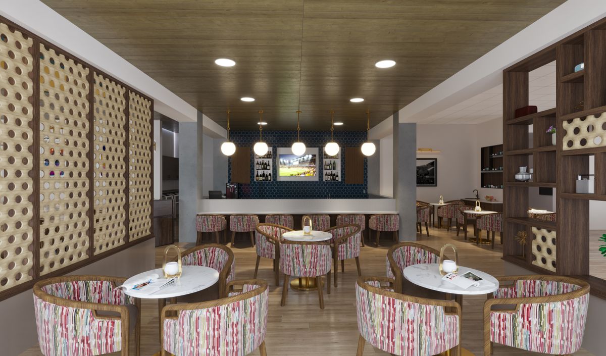 A modern restaurant interior with stylish seating and decor.