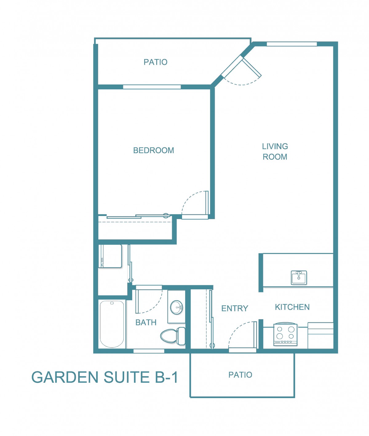 Blueprint of Garden Suite B-1, featuring a one-bedroom layout with a living room, kitchen, and bathroom.