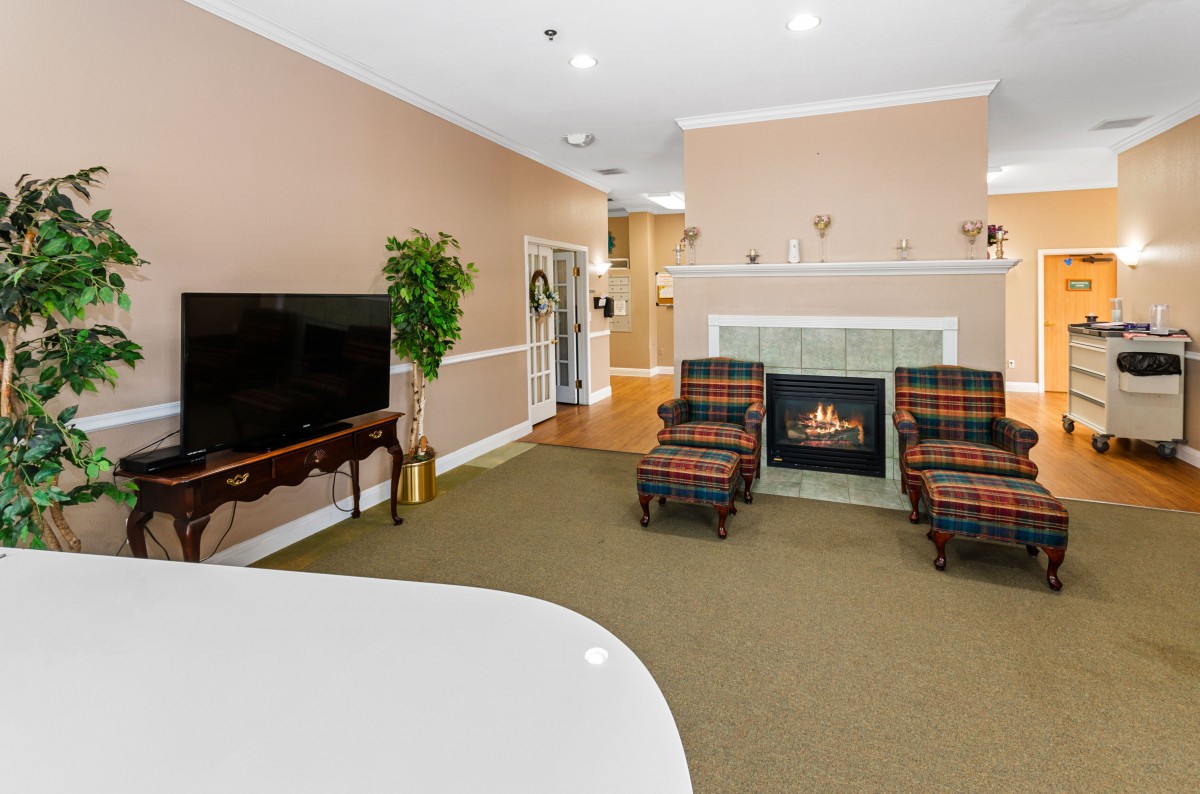 A cozy living room featuring a fireplace, two plaid armchairs, a large television, and tasteful decor.