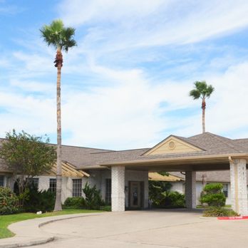 A welcoming entrance featuring palm trees under a clear sky.