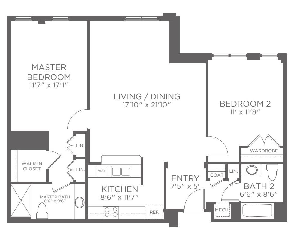 A detailed floor plan of an apartment with two bedrooms, a kitchen, and a living/dining area.