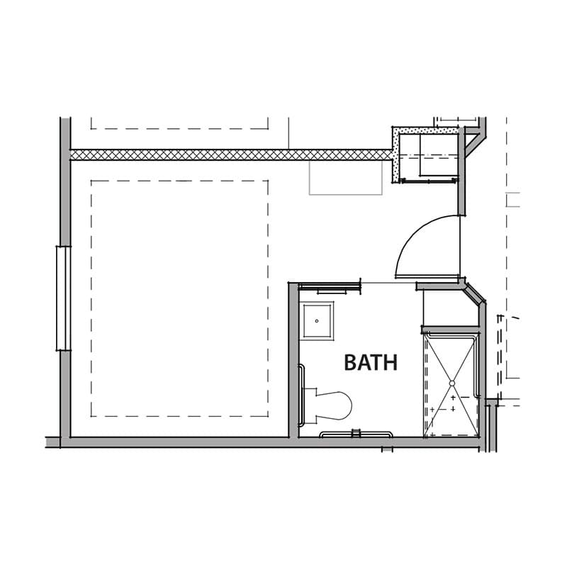 Floor plan of a room with an adjacent bathroom.