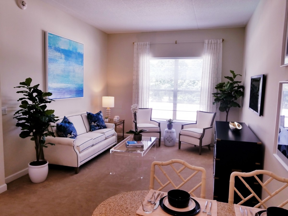 A cozy and elegantly furnished living room with a large window, featuring a sofa, chairs, artwork, and decorative plants.