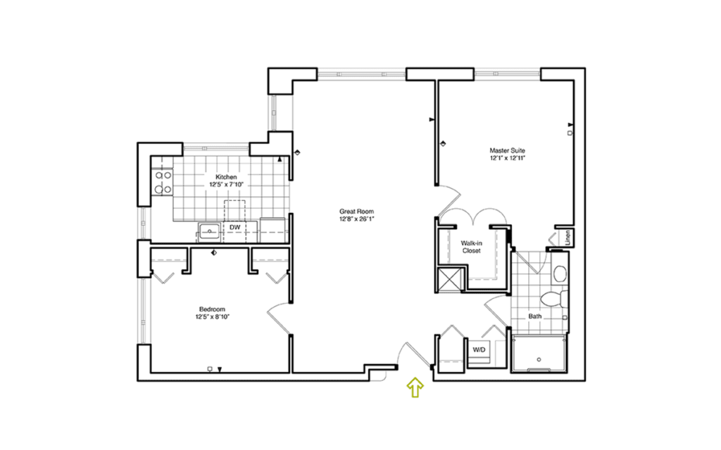 A detailed floor plan of an apartment layout, showing various rooms and dimensions.