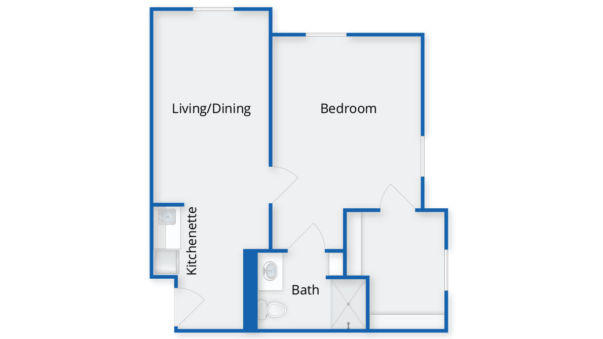 One-bedroom apartment floor plan with living/dining area, kitchen, bathroom, and bedroom.