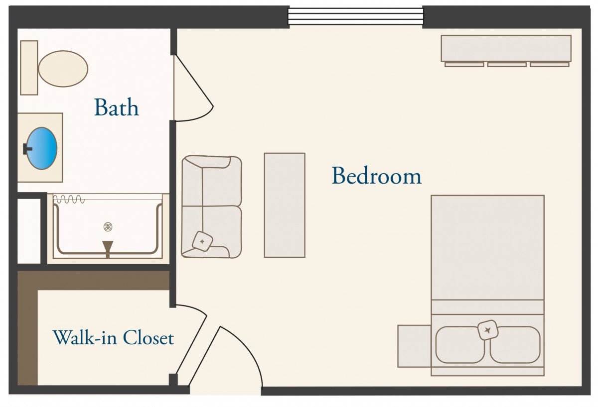 A floor plan layout featuring a bedroom, bathroom, and walk-in closet.
