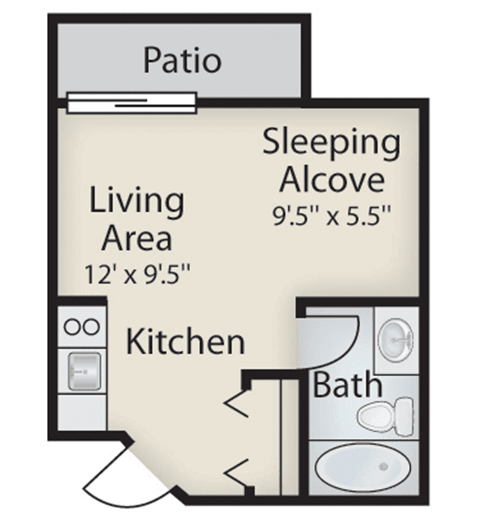 Studio apartment floor plan with patio, living area, kitchen, sleeping alcove, and bathroom.