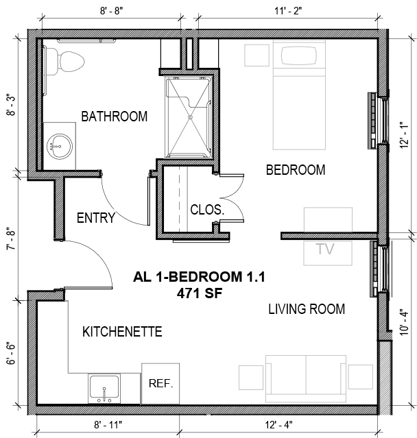 A floor plan showing the layout of a small apartment with labeled rooms including a storeroom, bathroom, bedroom, and dining room.