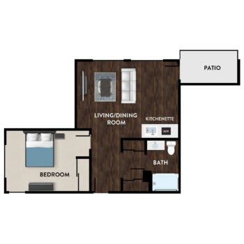 A floor plan of a one-bedroom apartment with a living room, kitchen, bathroom, and patio.