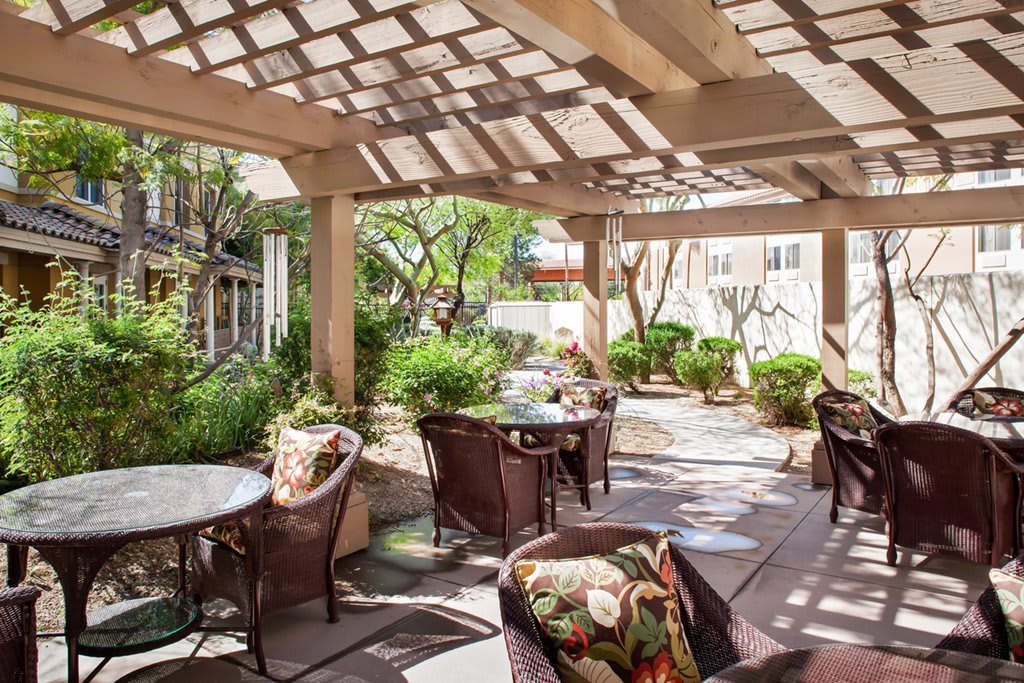 A charming outdoor patio with comfortable seating and lush greenery under a pergola on a sunny day.