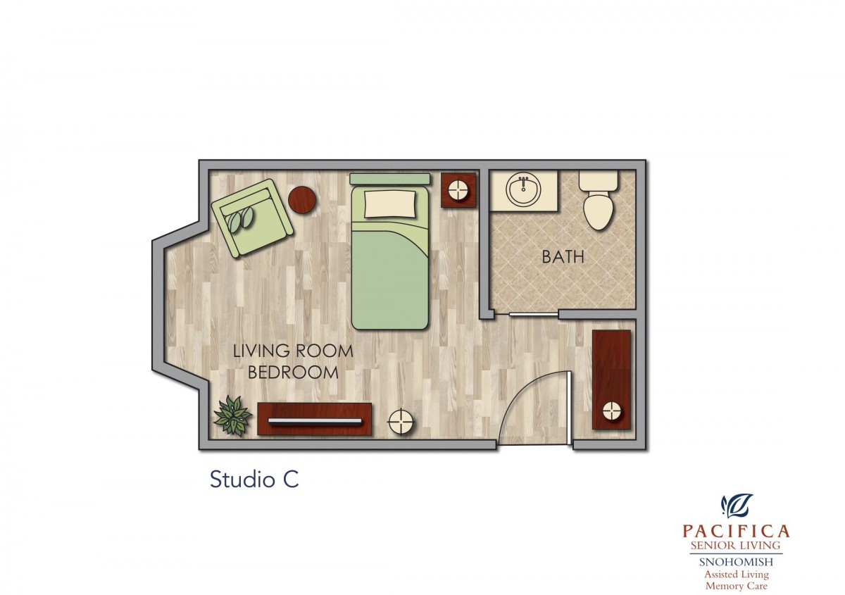 Studio C floor plan showcasing a combined living and bedroom area with an attached bathroom.