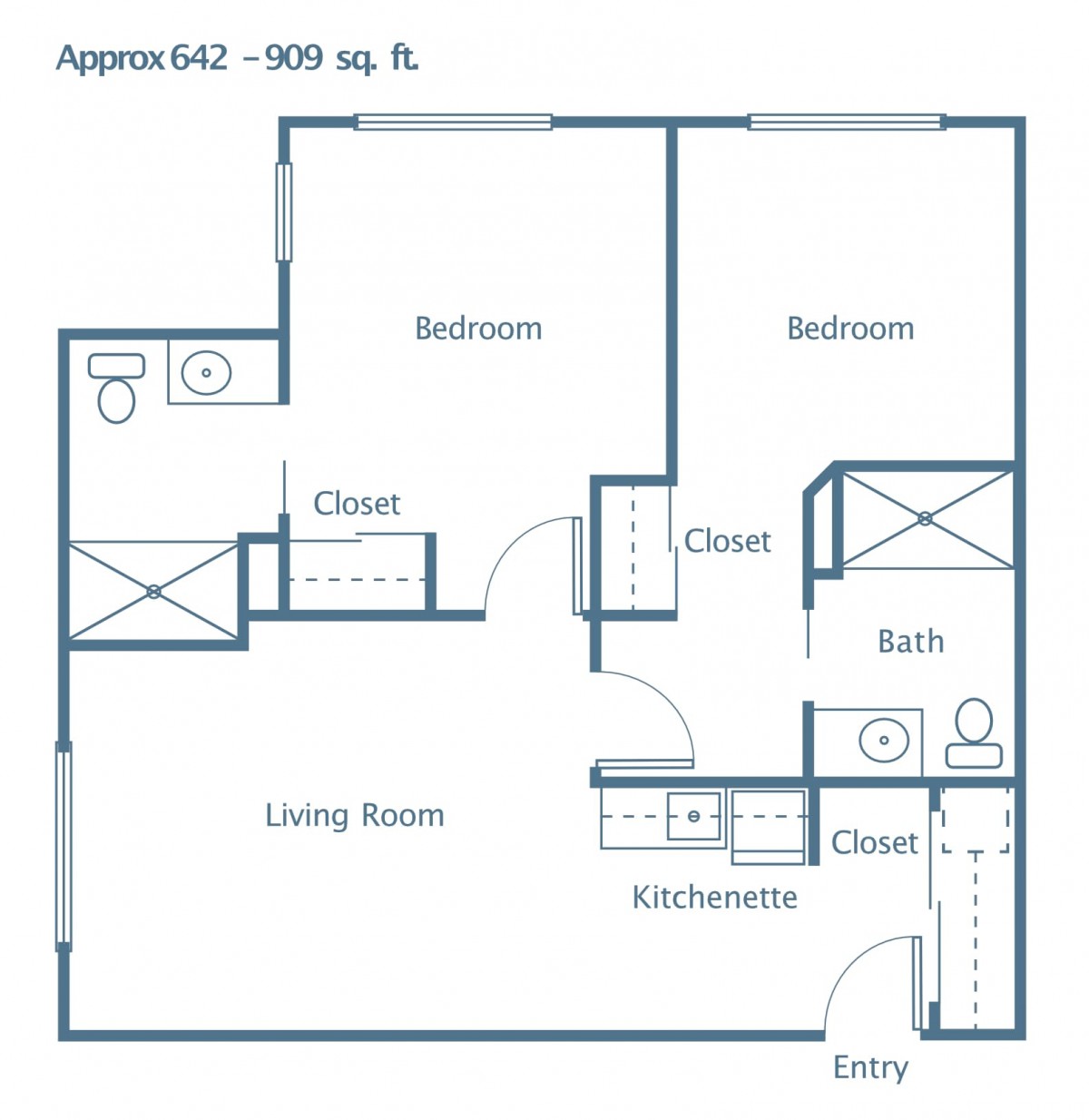A floor plan of a two-bedroom, one-bathroom apartment approximately 800 square feet in size.