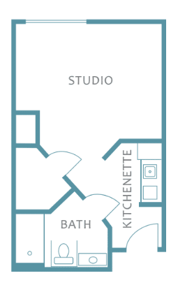 Floor plan of a studio apartment with kitchenette and bathroom.
