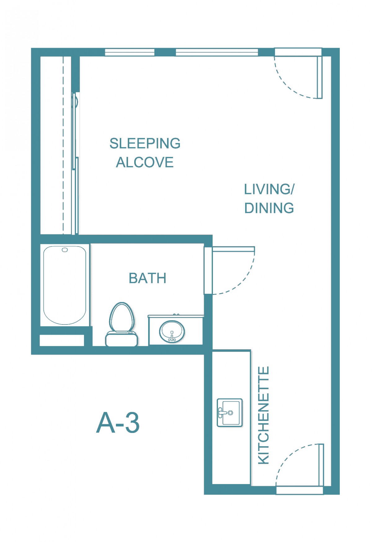 A floor plan of a studio apartment featuring a sleeping alcove, living/dining area, bath, and kitchenette.