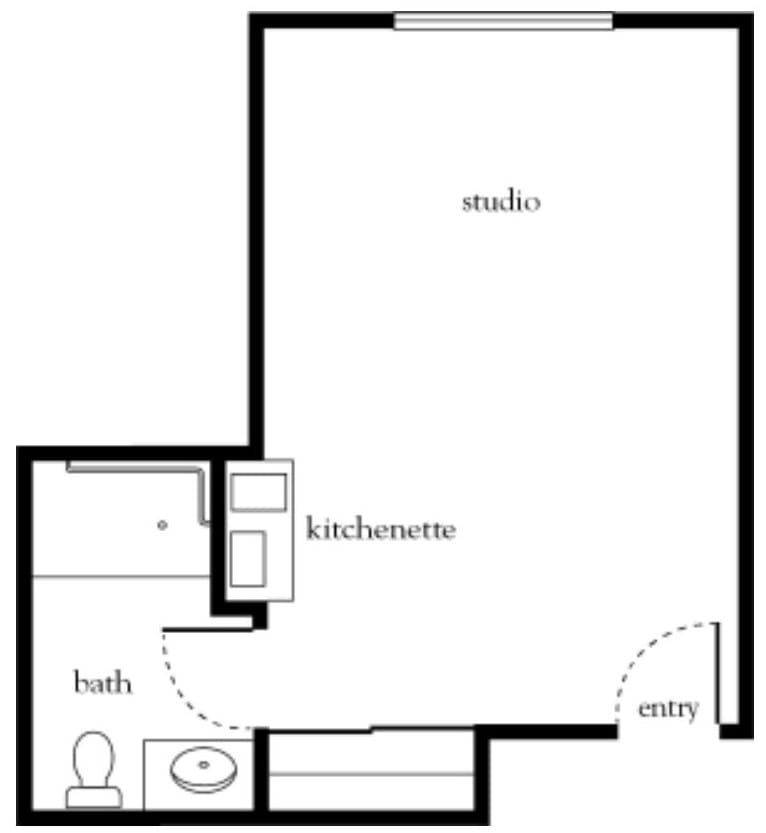 A floor plan of a studio apartment featuring a combined living and sleeping area, kitchenette, bathroom, and entryway.