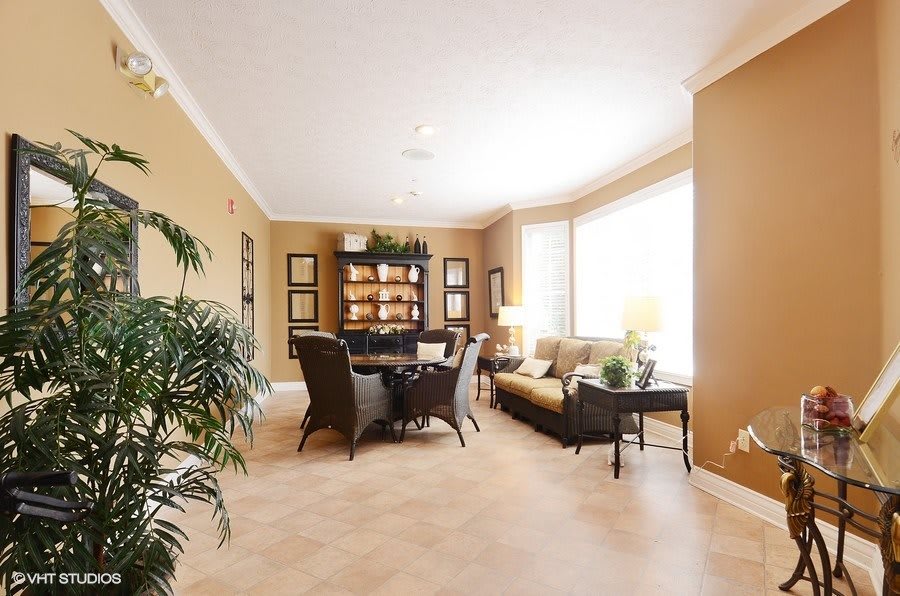A cozy and well-lit living room with elegant furniture and greenery.