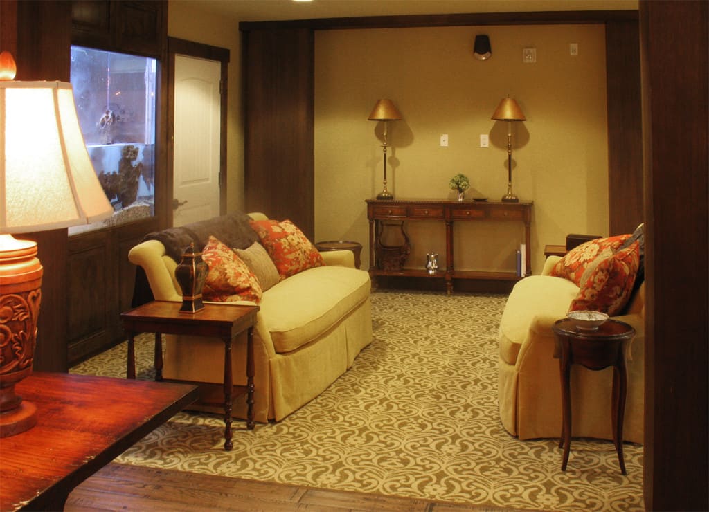 A cozy living room featuring two sofas, a patterned rug, and warm lighting.