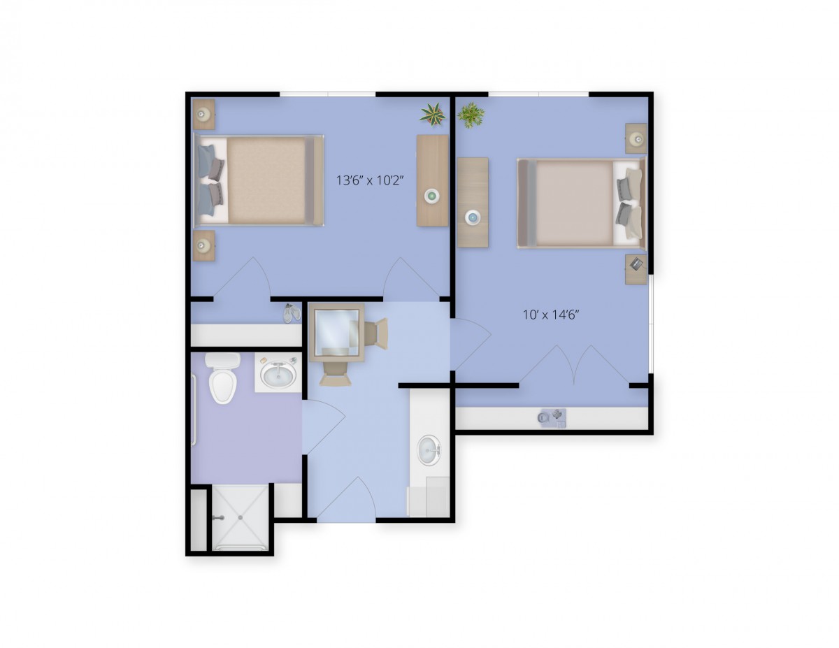 A floor plan depicting a two-bedroom apartment with labeled living spaces.