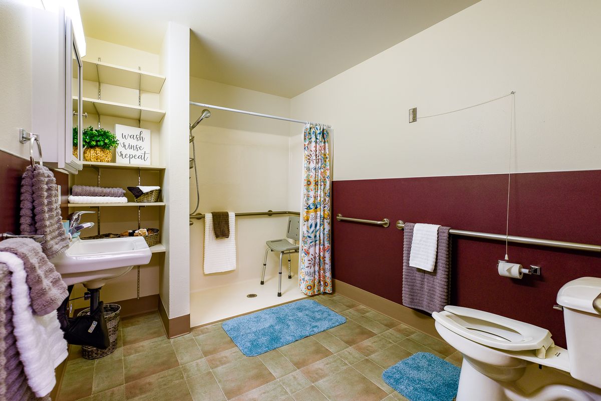 An accessible bathroom with a walk-in shower, grab bars, and floor mats.
