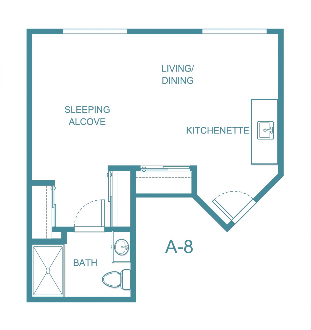 Floor plan of a studio apartment with a sleeping alcove, kitchenette, living/dining area, and bathroom.