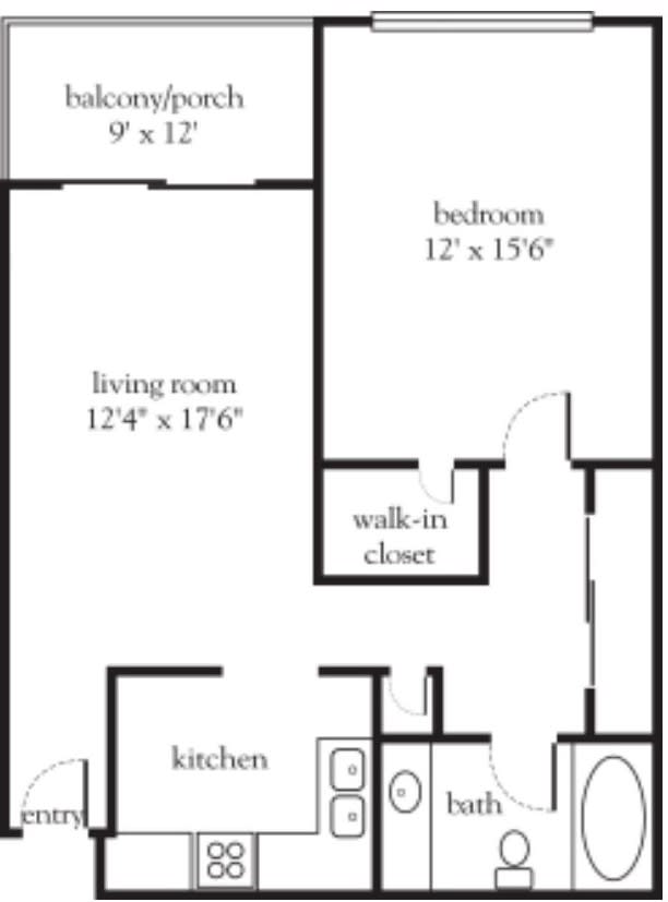 This image is a floor plan of an apartment, showing the layout of rooms including a living room, bedroom with walk-in closet, kitchen, and bathroom.
