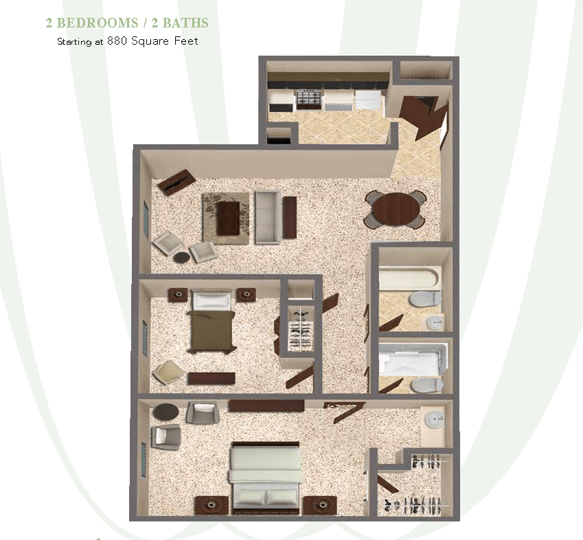 A detailed 3D floor plan of a one-bedroom apartment.