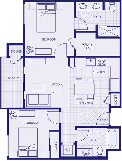 An architectural floor plan of a two-bedroom apartment featuring a living area, kitchen, dining space, and balcony.