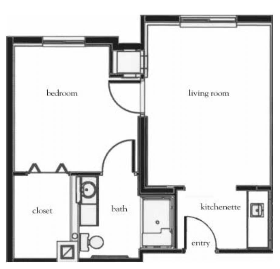 A basic floor plan showing the layout of an apartment with a living room, bedroom, bathroom, and kitchen.