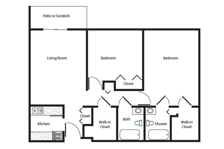 Floor plan of a two-bedroom apartment with a living room, kitchen, and bathroom.