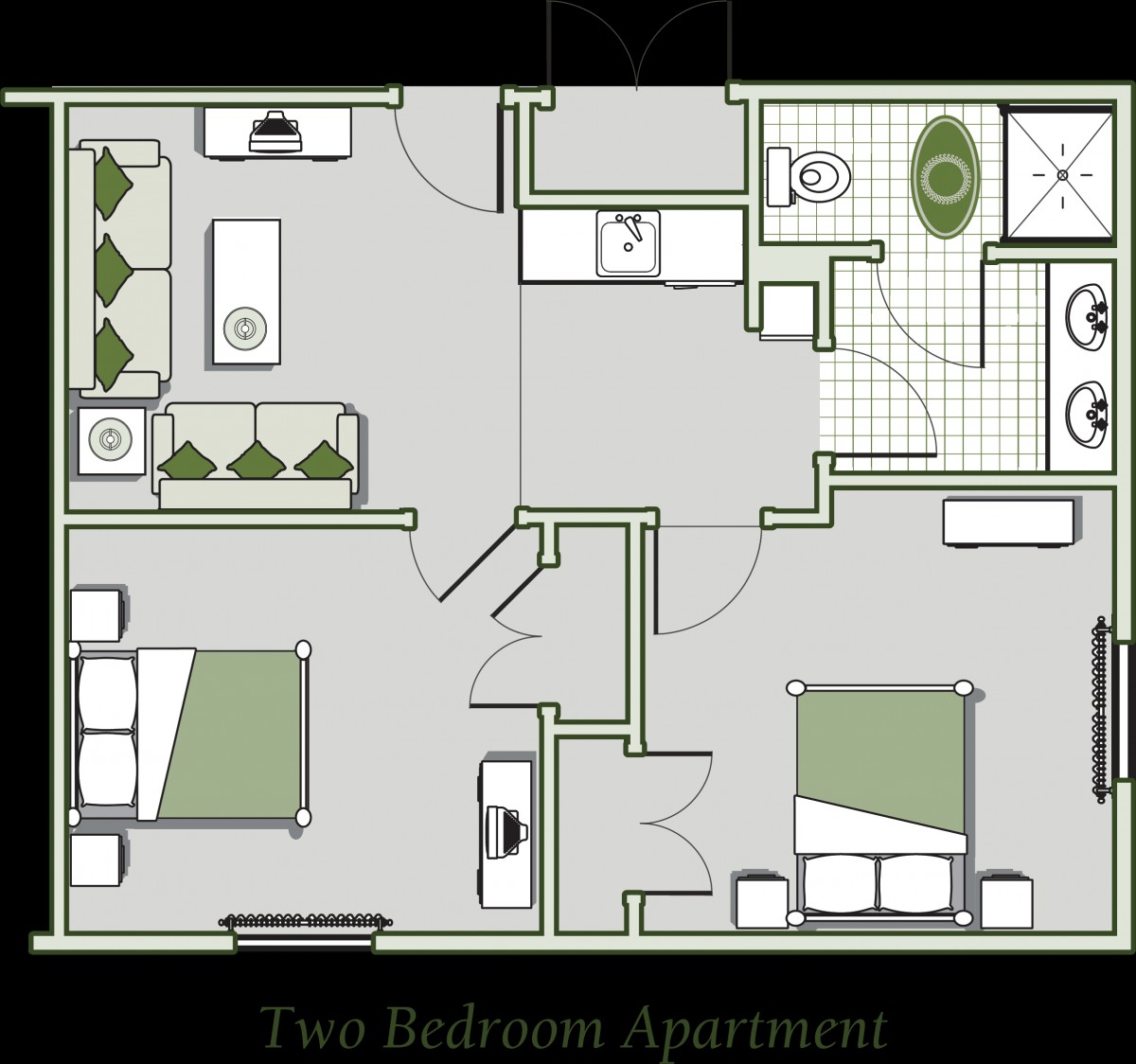 A floor plan of a two-bedroom apartment layout.