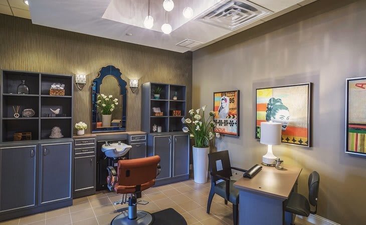 A stylish salon interior with a hairstyling chair, decorative mirror, artwork, and potted plants.