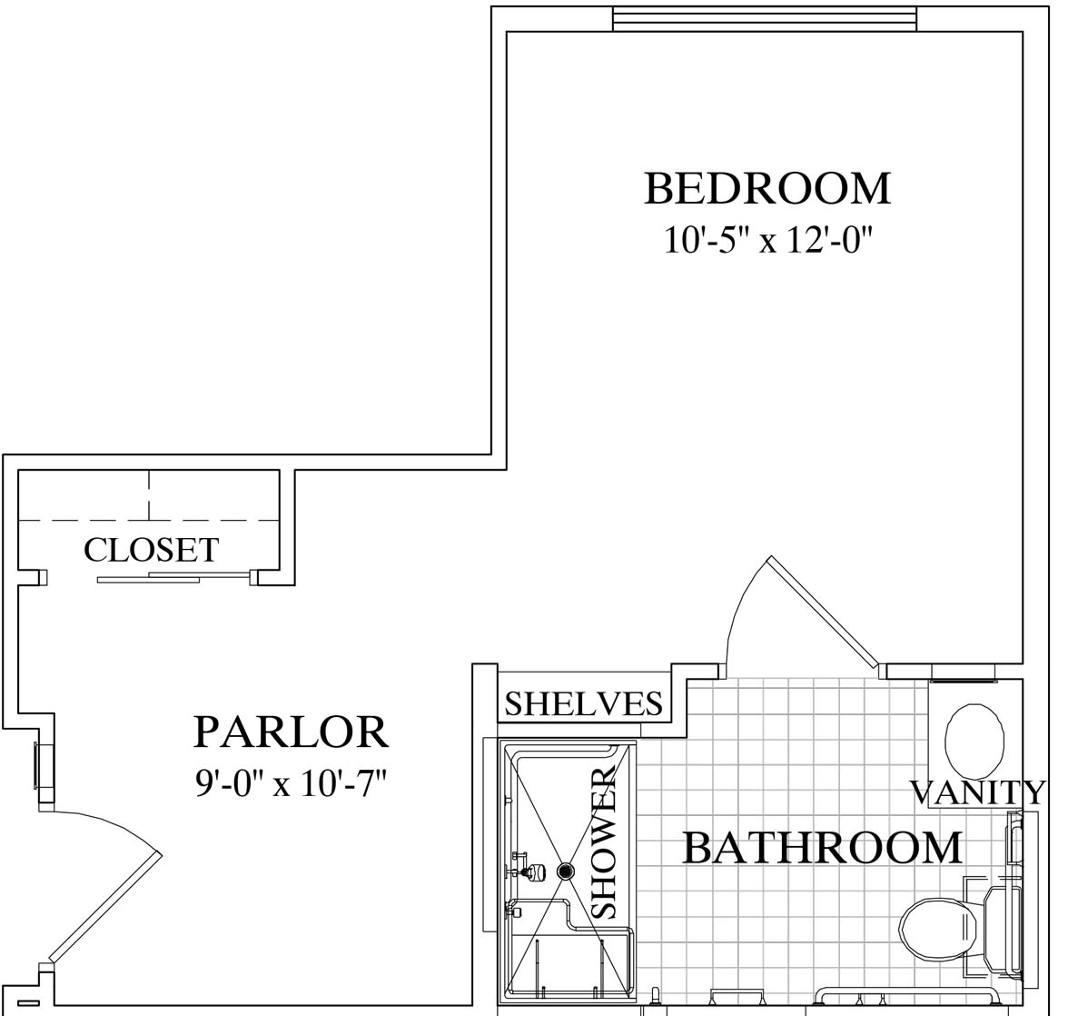 A simple floor plan showing a bedroom, parlor, and bathroom layout.