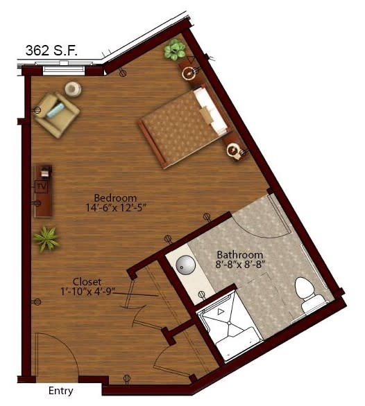 A floor plan of a compact studio apartment measuring 362 square feet.