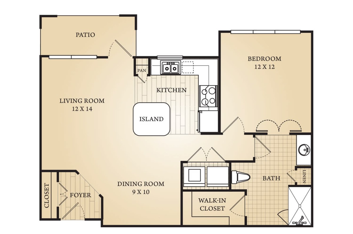 A detailed floor plan of an apartment showing the layout of rooms including living room, kitchen, dining room, bedrooms, and closets.