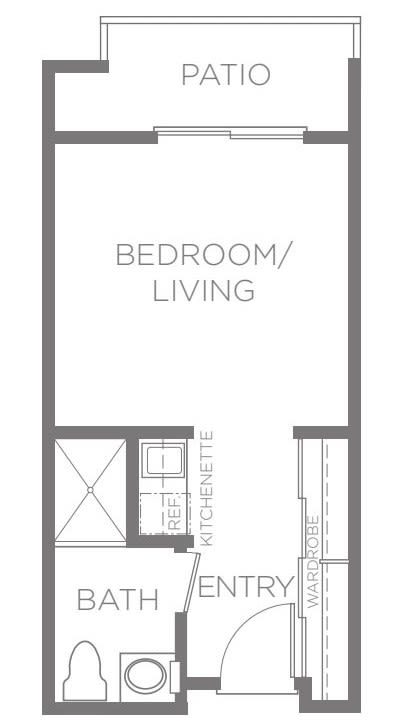 A simple floor plan of a studio apartment showing bedroom/living area and kitchenette.