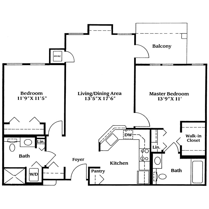 Apartment floor plan showing two bedrooms, a living area, and a kitchen.