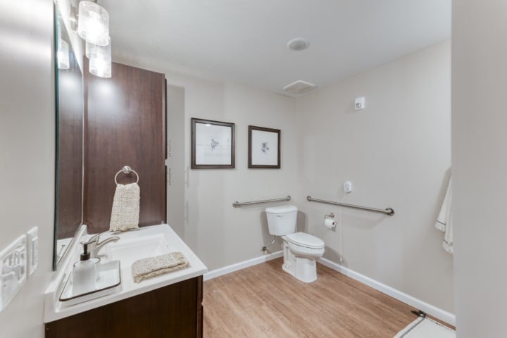 A modern, accessible bathroom with a toilet, sink, and handrails.