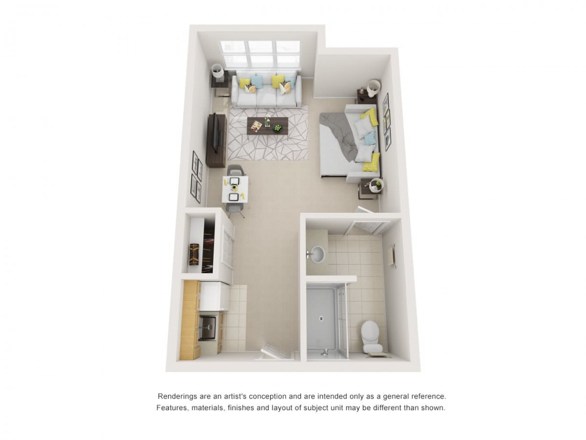 A 3D rendering of a compact studio apartment with an open layout, featuring a bed, kitchen area, and living space.