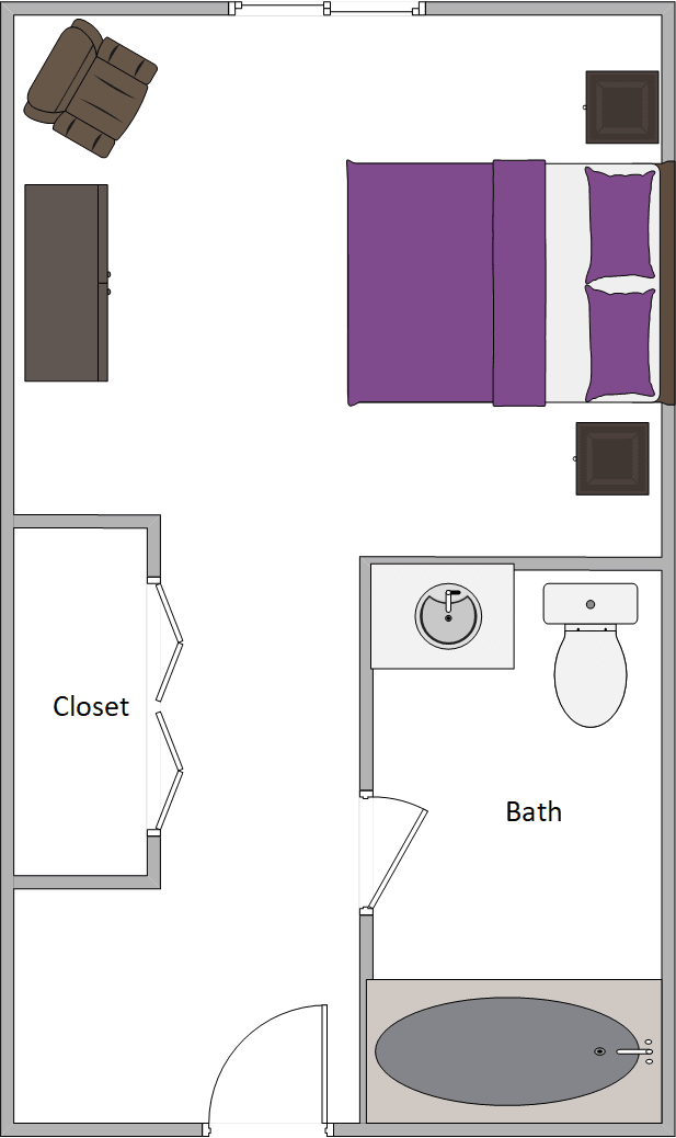 A simple floor plan illustrating a bedroom with an adjacent bathroom and closet.