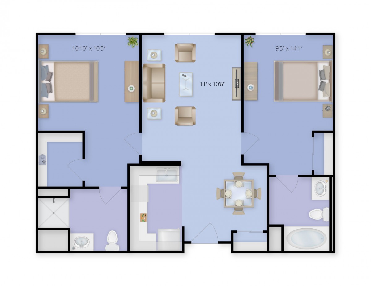 A detailed 3D floor plan of a two-bedroom apartment with a central living area, kitchen, and bathrooms.