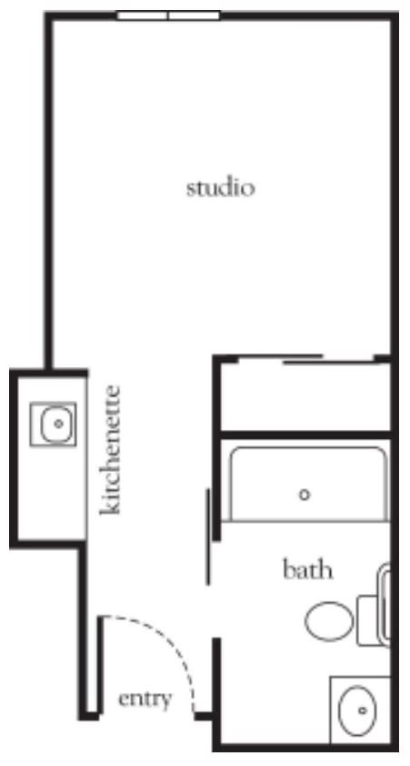 Floor plan of a studio apartment featuring a kitchenette and a bathroom.