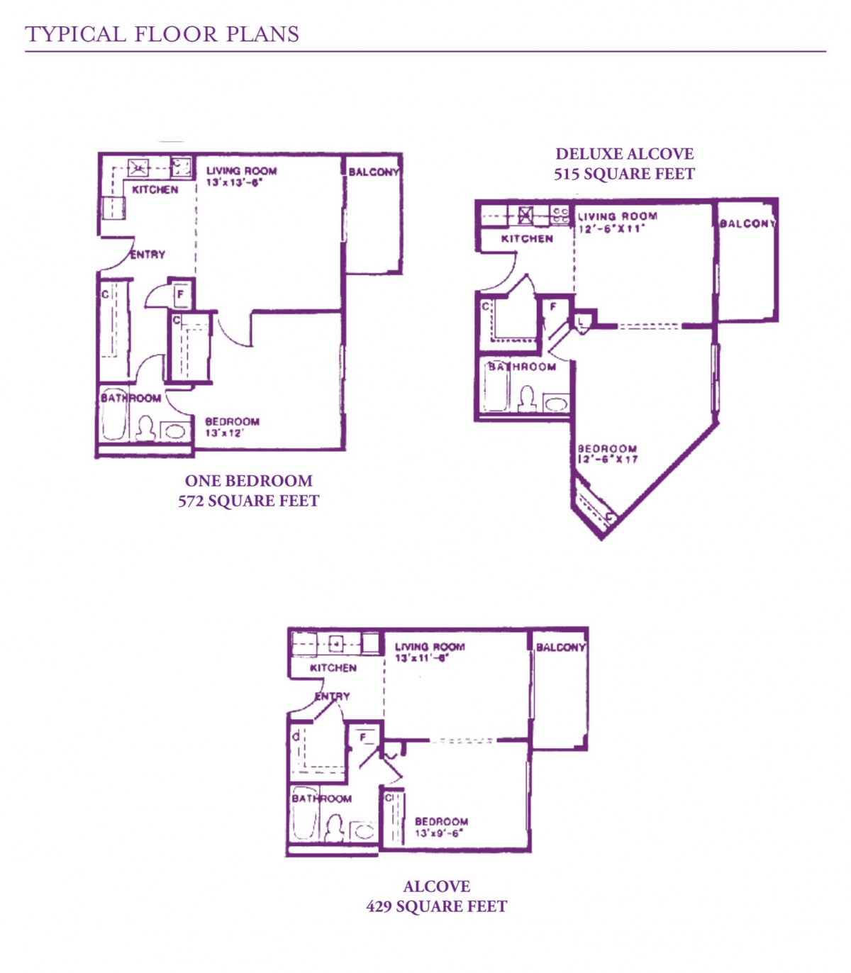 Blueprints of different apartment layouts highlighting one-bedroom and two-bedroom designs.
