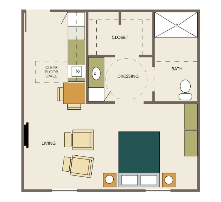 A one-bedroom apartment floor plan featuring a living room, kitchen, bathroom, and closet.