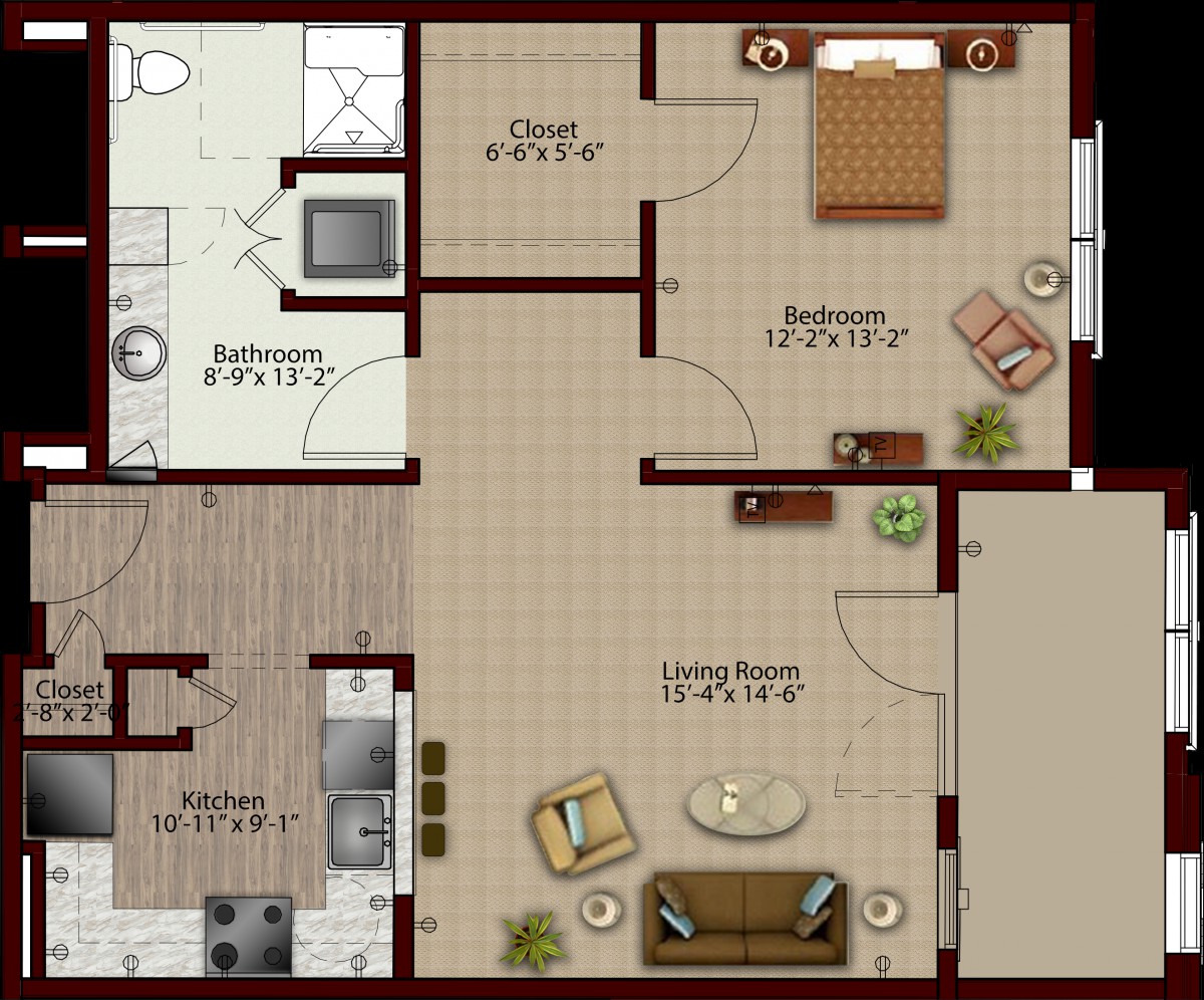 A detailed floor plan of a modern apartment, featuring a bedroom, bathroom, kitchen, dining area, and living room.