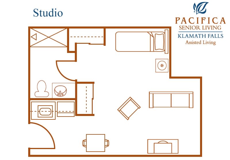 A detailed floor plan of a studio apartment with labeled areas for living, sleeping, and kitchen spaces.