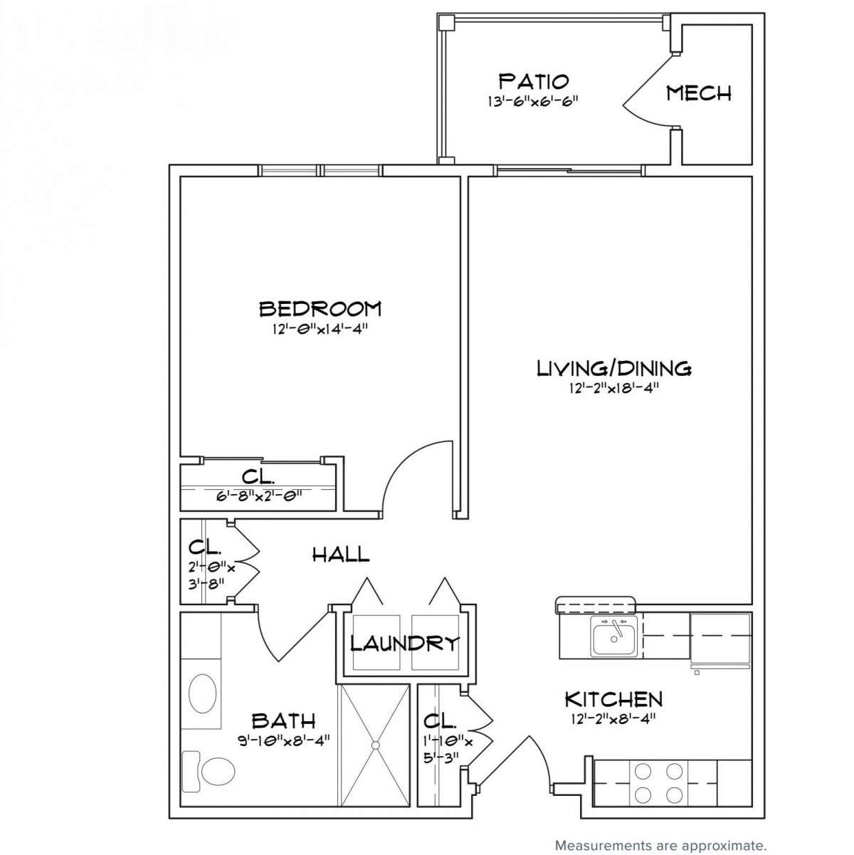 A floor plan of a one-bedroom apartment featuring a living room, kitchen, bathroom, laundry area, and a patio.